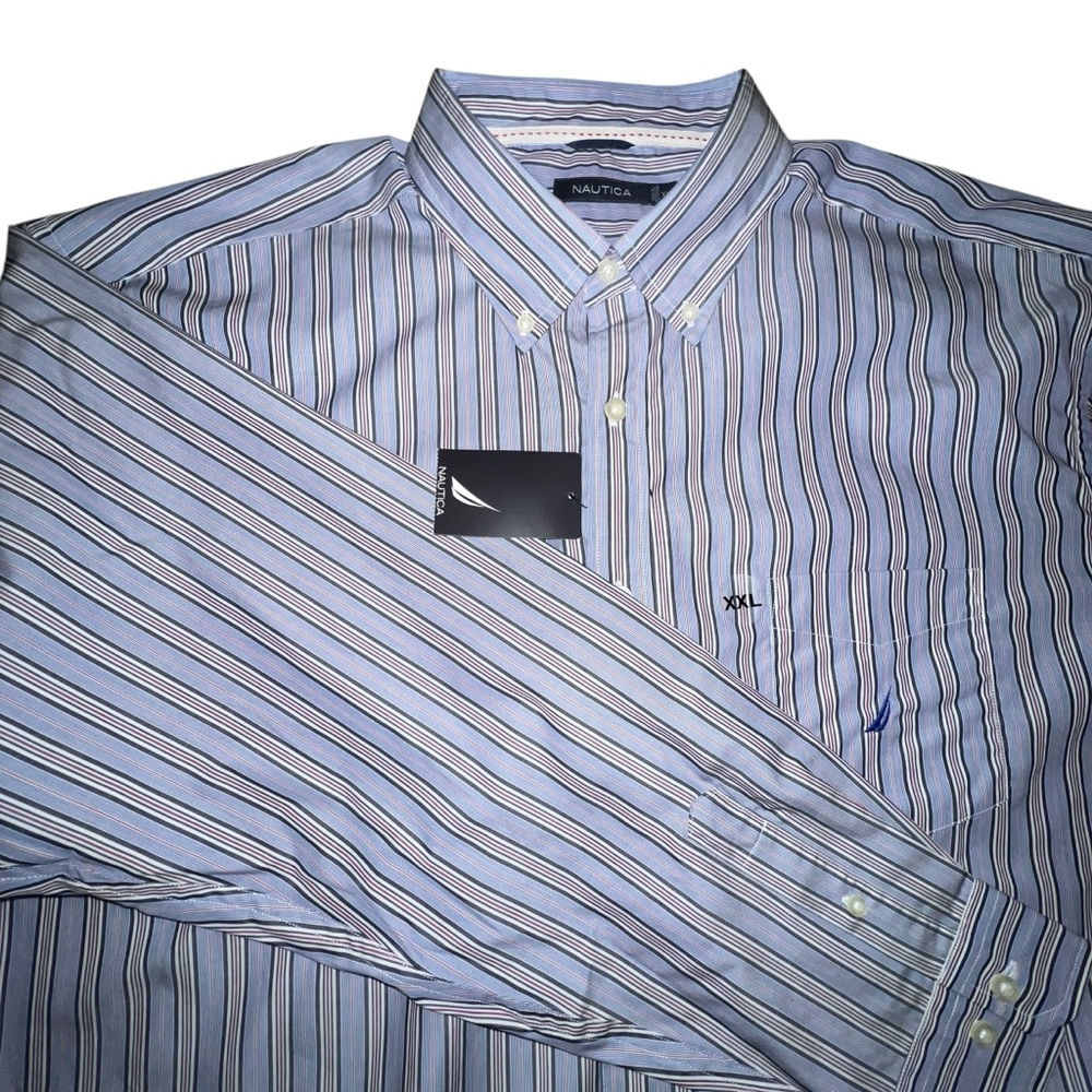 Nautica Men’s Button Down Stripe Shirt 100% Cotton Blue XXL